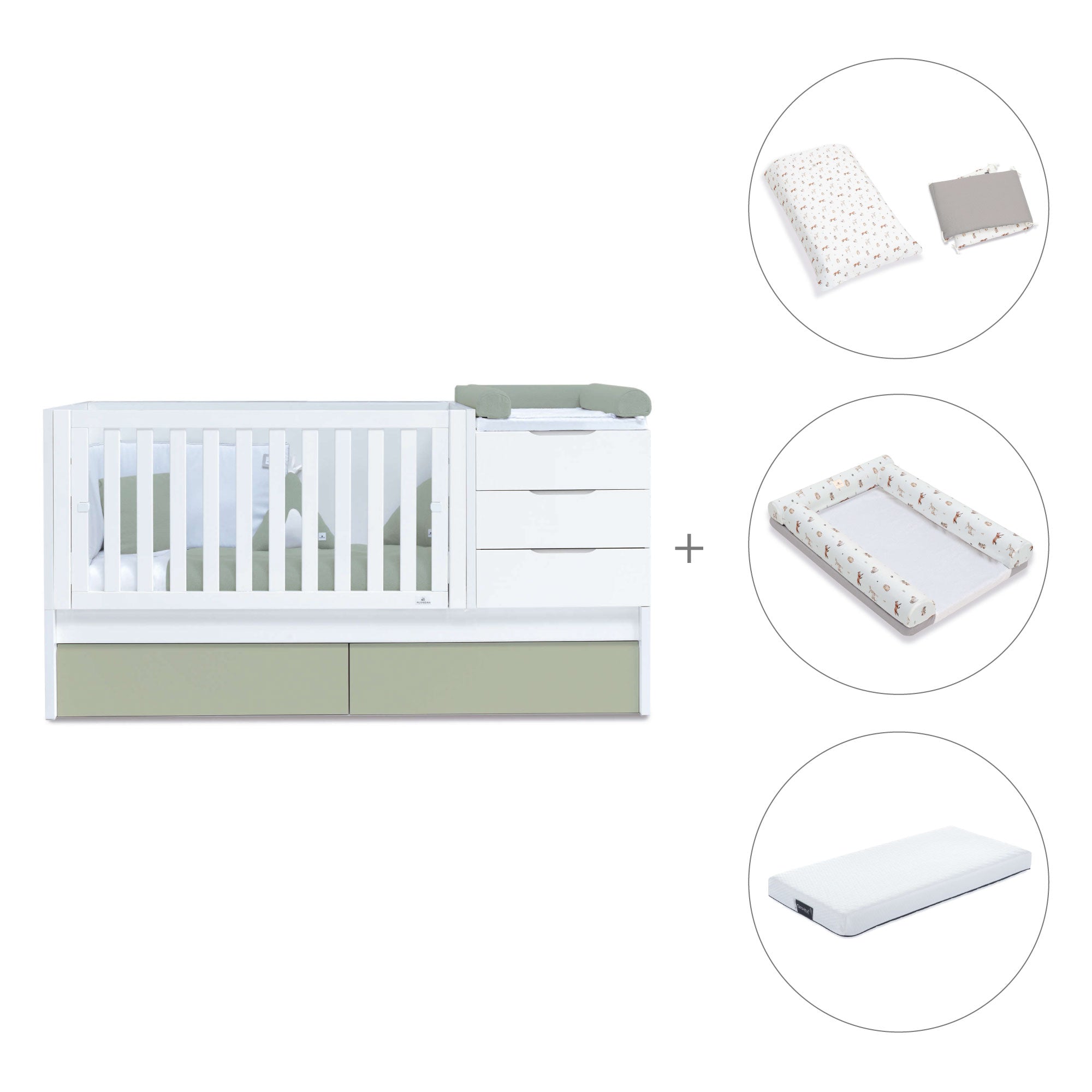 Convertible crib with drawers/trundle bed 70x140 cm white/green-olive