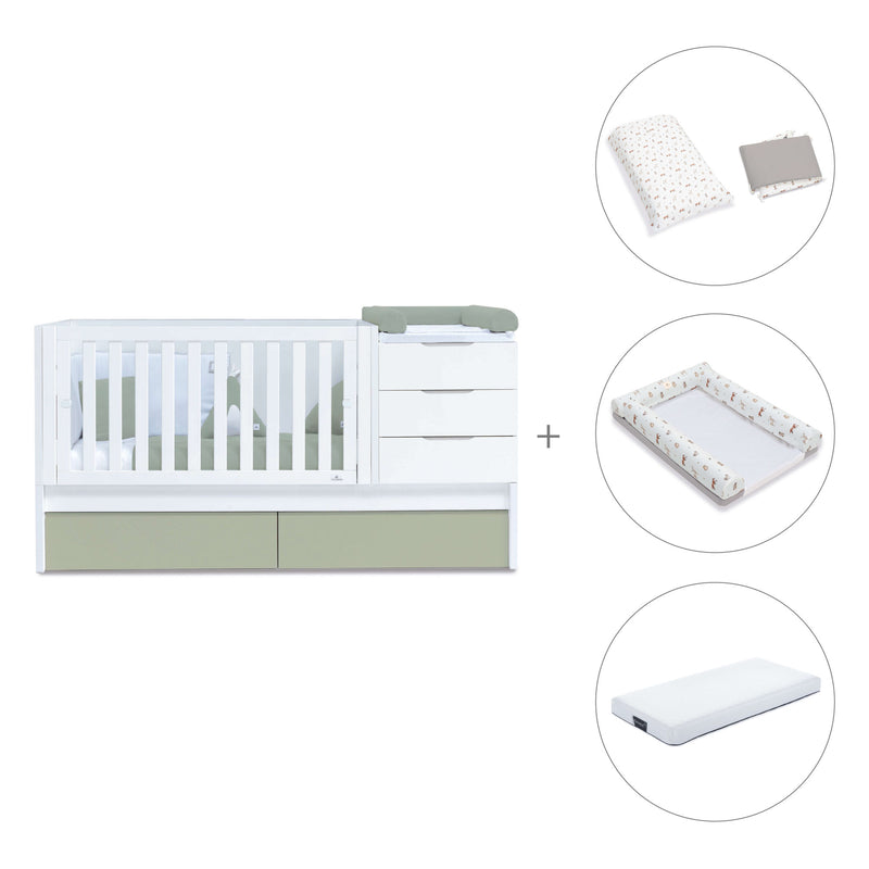 Convertible crib with drawers/trundle bed 70x140 cm white/green-olive · Sero More K546-M7756