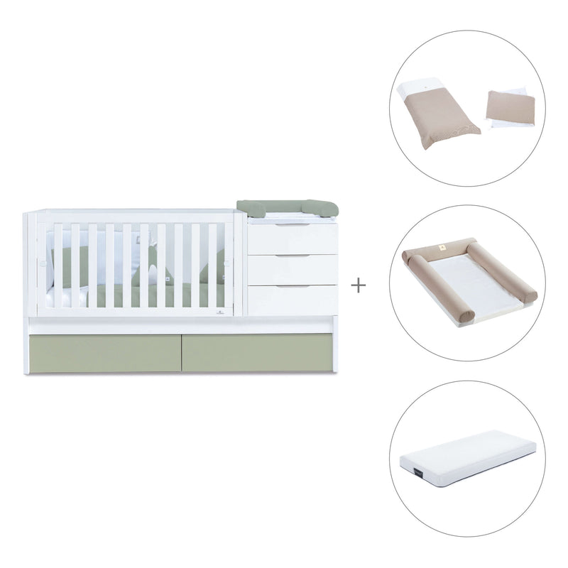 Convertible crib with drawers/trundle bed 70x140 cm white/green-olive · Sero More K546-M7756