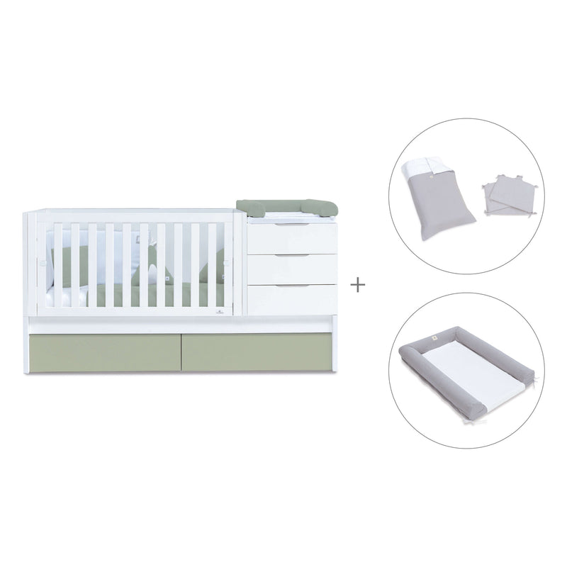 Convertible crib with drawers/trundle bed 70x140 cm white/green-olive · Sero More K546-M7756