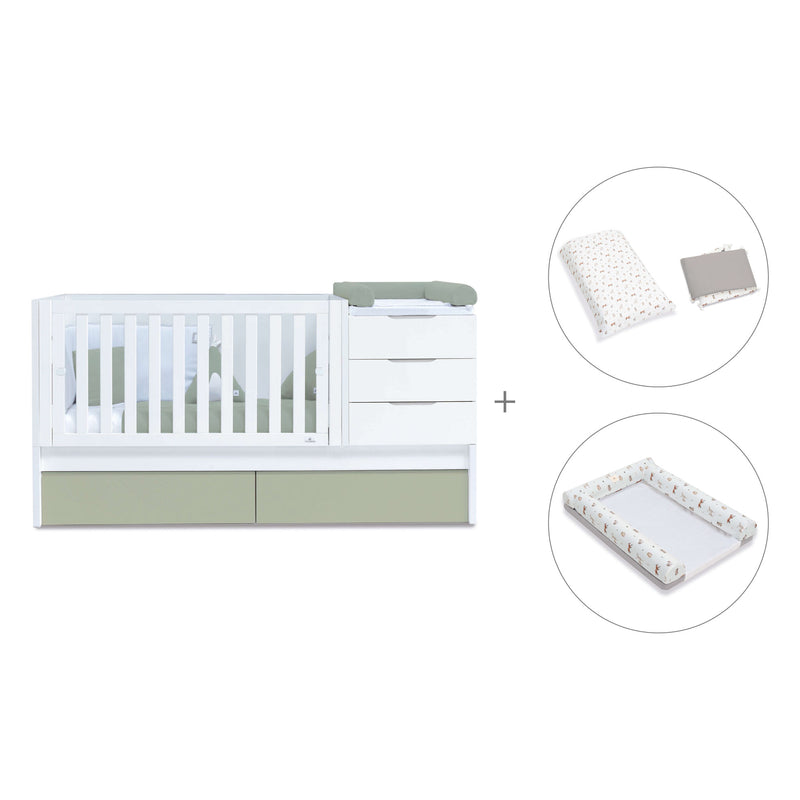 Convertible crib with drawers/trundle bed 70x140 cm white/green-olive · Sero More K546-M7756