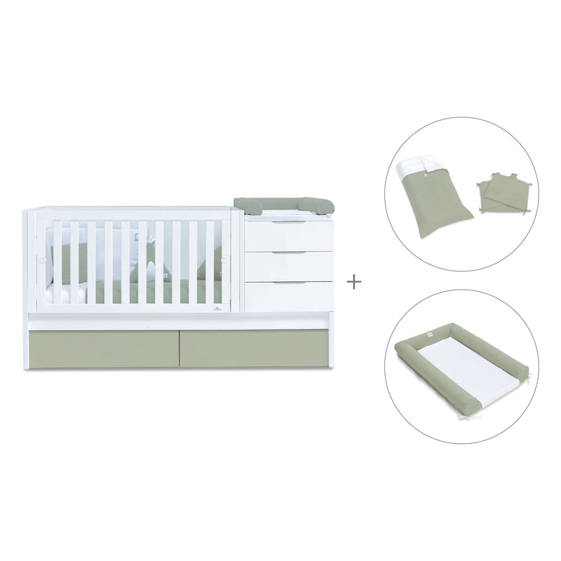 Convertible crib with drawers/trundle bed 70x140 cm white/green-olive · Sero More K546-M7756