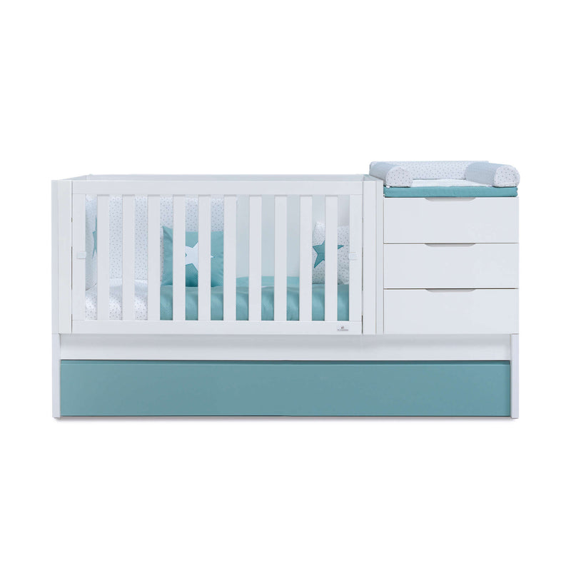 Lit bébé évolutif 70x140 cm avec lit ou tiroirs gigogne blanc/bleu vert · Sero More K546-M7781