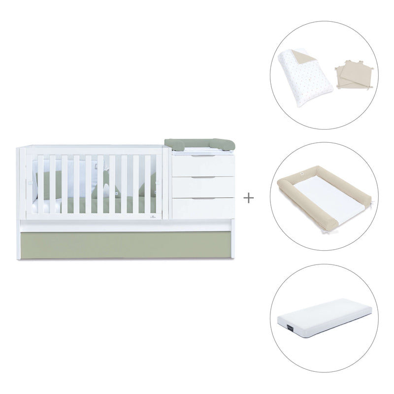 Convertible crib with drawers/trundle bed 70x140 cm white/green-olive · Sero More K546-M7756