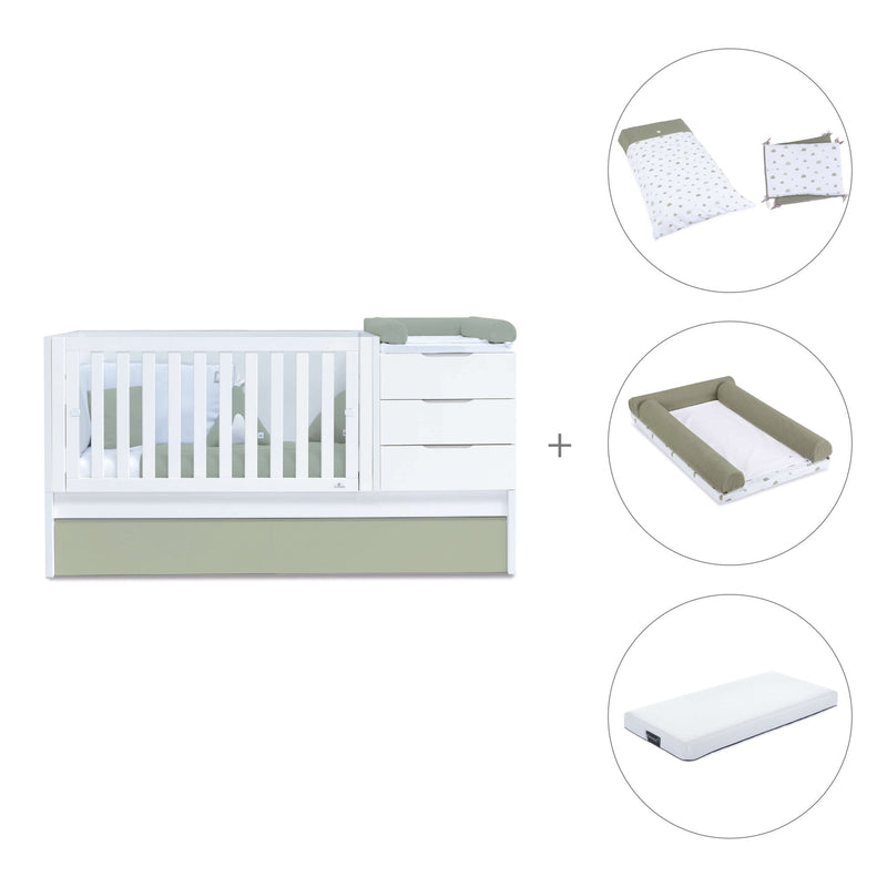 Convertible crib with drawers/trundle bed 70x140 cm white/green-olive · Sero More K546-M7756