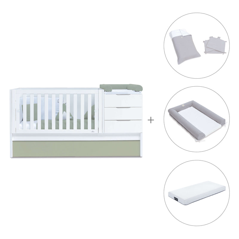 Convertible crib with drawers/trundle bed 70x140 cm white/green-olive · Sero More K546-M7756