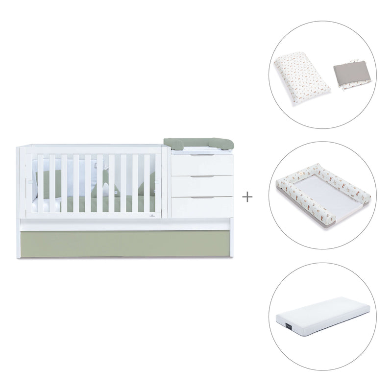 Convertible crib with drawers/trundle bed 70x140 cm white/green-olive · Sero More K546-M7756