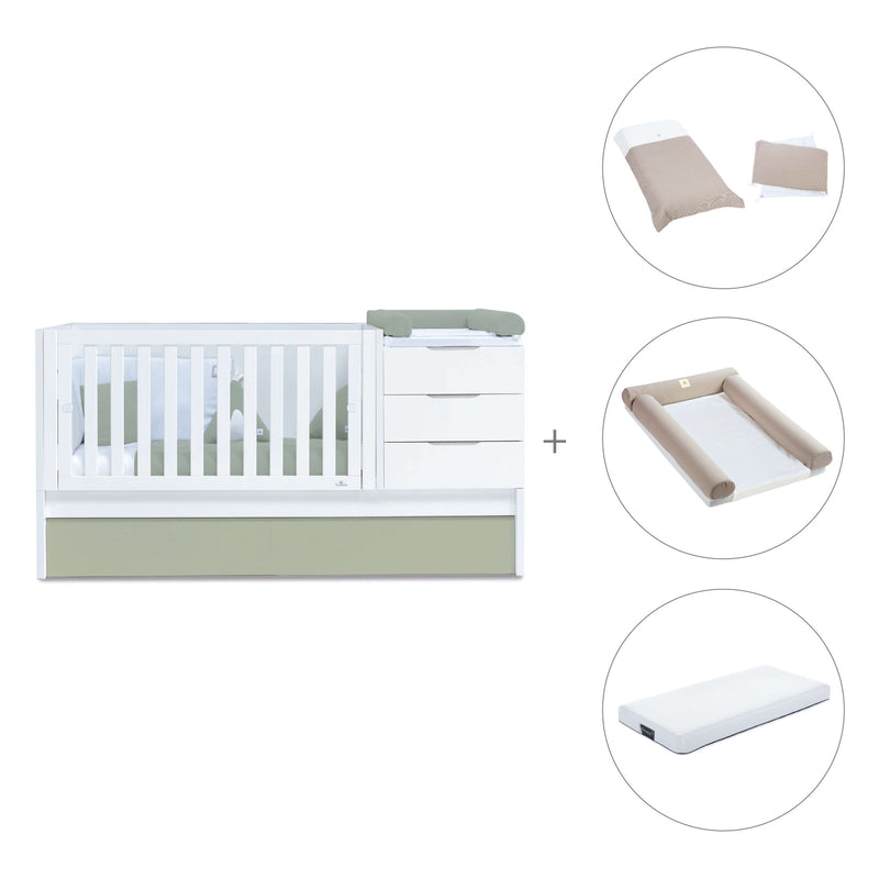 Convertible crib with drawers/trundle bed 70x140 cm white/green-olive · Sero More K546-M7756