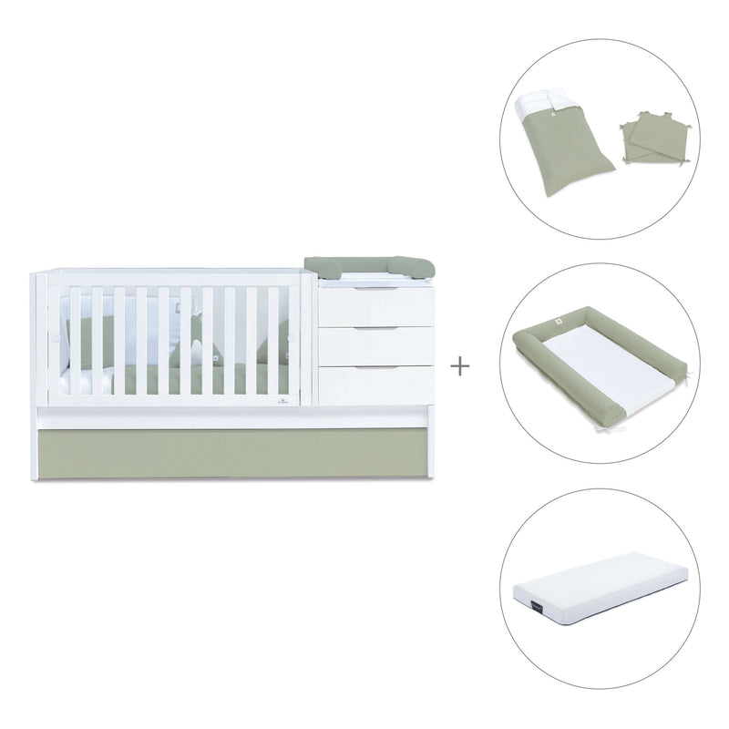 Convertible crib with drawers/trundle bed 70x140 cm white/green-olive · Sero More K546-M7756