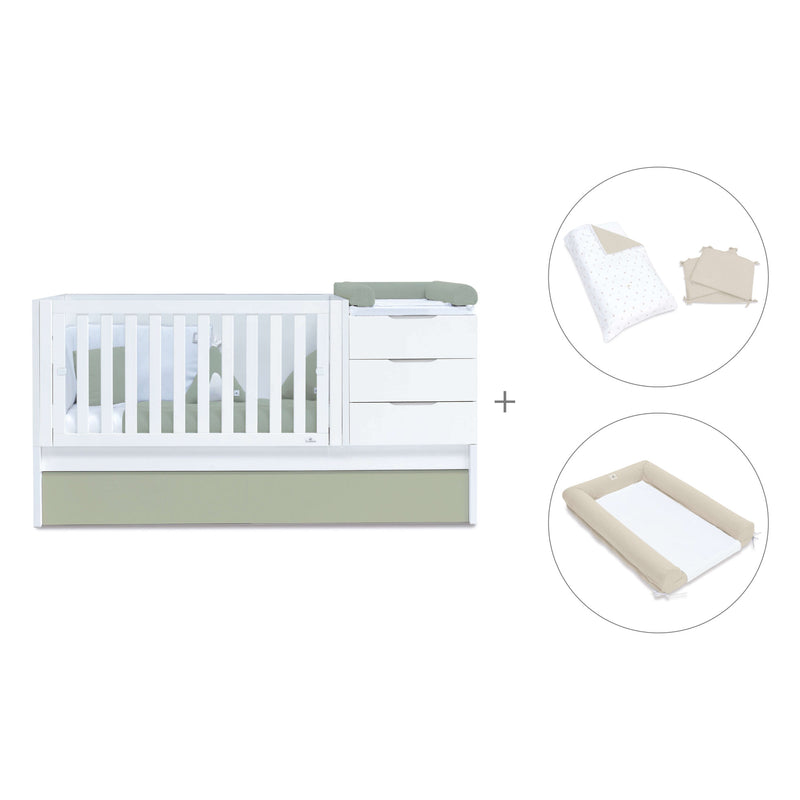 Convertible crib with drawers/trundle bed 70x140 cm white/green-olive · Sero More K546-M7756