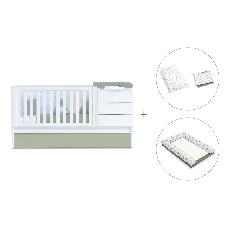 Convertible crib with drawers/trundle bed 70x140 cm white/green-olive · Sero More K546-M7756