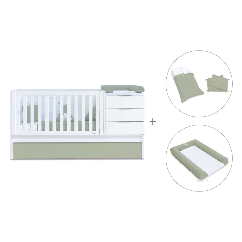 Convertible crib with drawers/trundle bed 70x140 cm white/green-olive · Sero More K546-M7756