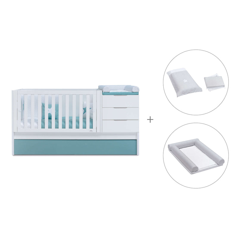 Verwandelbares Babybett mit Schubladen/Ausziehbett 70x140 cm aquamaringrün  · Sero More K546-M7781