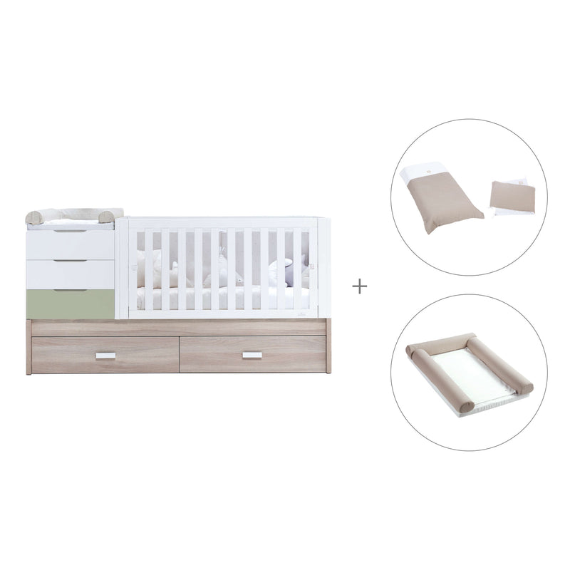 Lit bébé évolutif avec lit ou tiroirs gigogne (70x140 cm) bois/vert-olive · Sero Loft K547-M9456