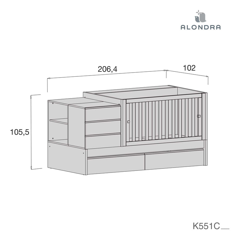 White convertible crib 70x140cm with drawers or trundle bed · Sero Kubo K551