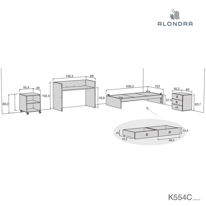 Lit évolutif 70x140 cm avec lit/tiroirs gigogne en blanc/gris · Sero Bubble K554-M7778