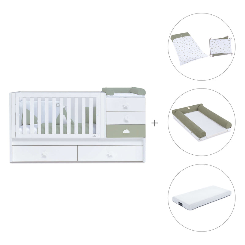 Verwandelbares Babybett 70x140 cm weiss/olivgrün · Sero Bubble Erba K554-M7756