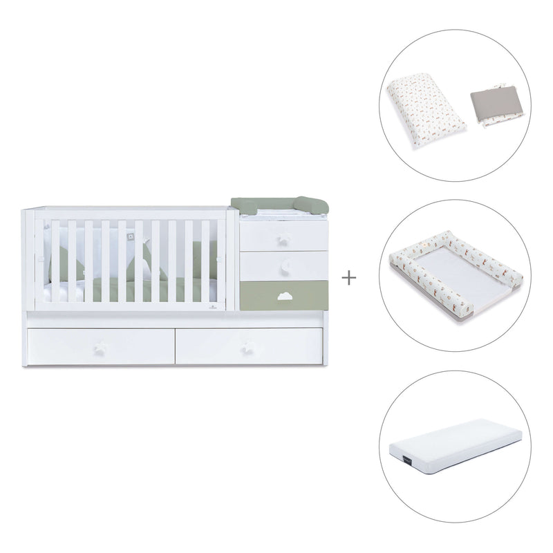 Verwandelbares Babybett 70x140 cm weiss/olivgrün · Sero Bubble Erba K554-M7756