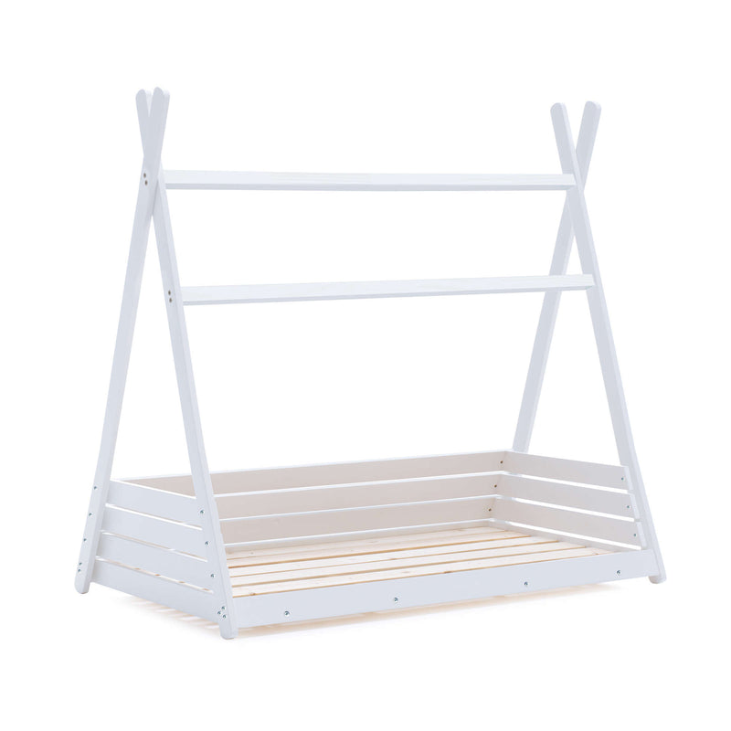 cama infantil montessori con estructura blanca en forma de cabaña