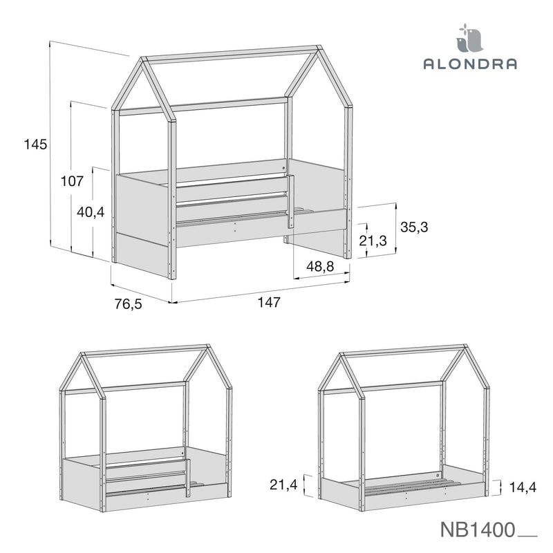 Cama-casinha Montessori 70x140 cm madeira/branco · Sogni NB1400