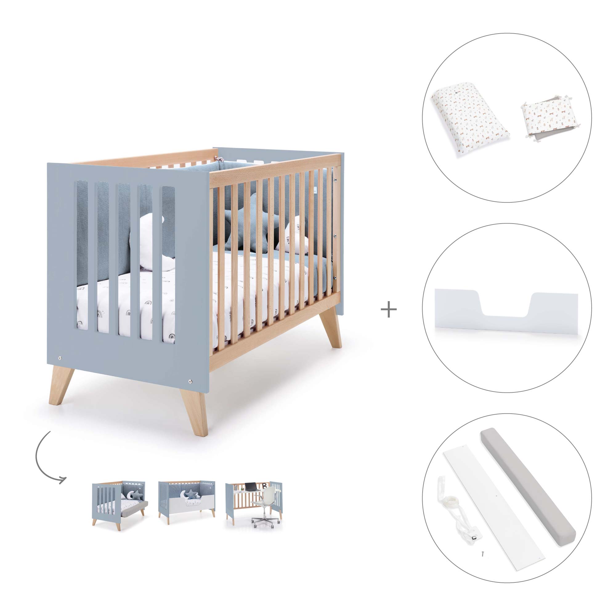 Co-sleeping cot 60x120 cm (4in1) wood/blue