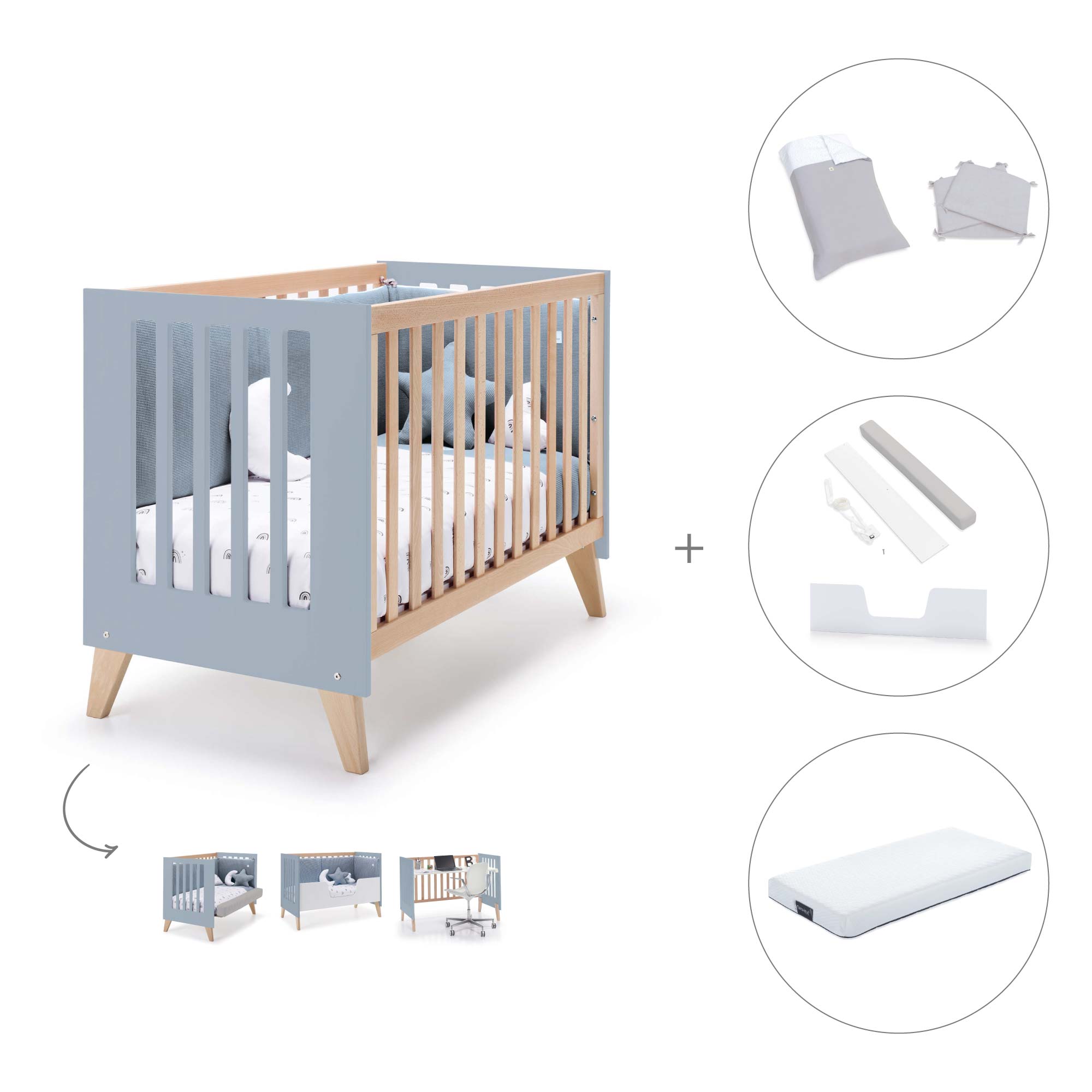 Co-sleeping cot 60x120 cm (4in1) wood/blue