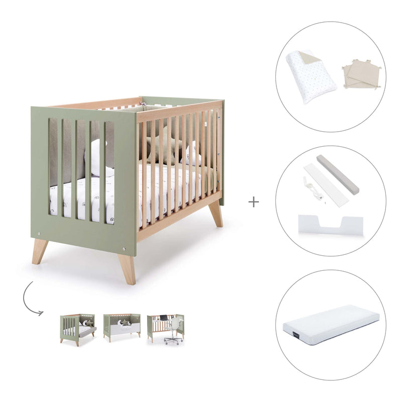 Lit bébé cododo 60x120 cm (4in1) en bois/vert-olive · Nexor C187R-M5695