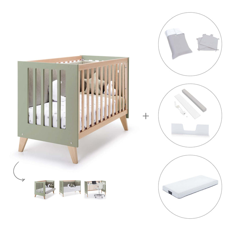 Lit bébé cododo 60x120 cm (4in1) en bois/vert-olive · Nexor C187R-M5695