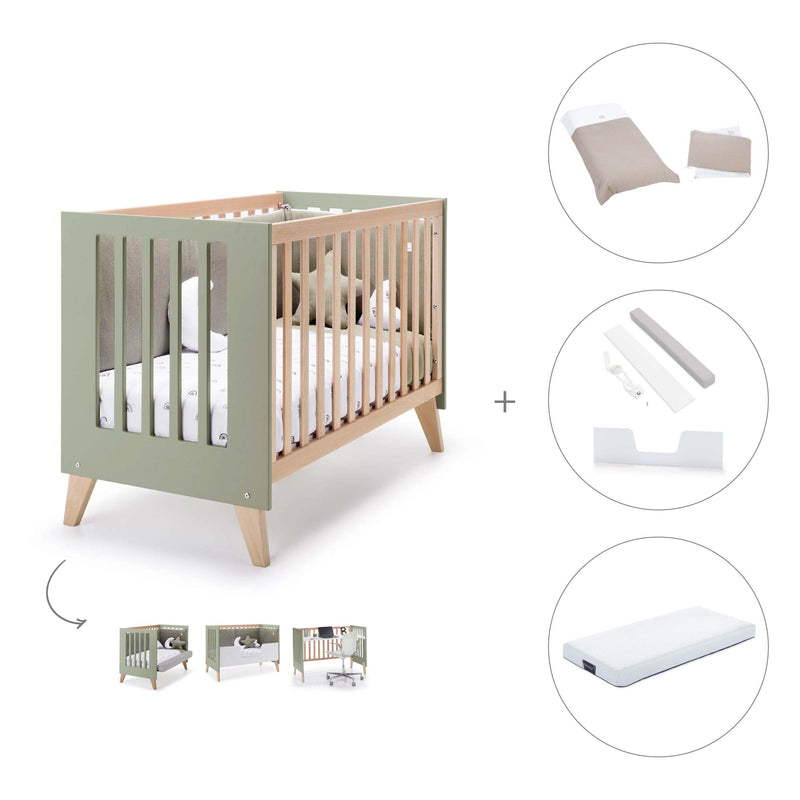 Lit bébé cododo 60x120 cm (4in1) en bois/vert-olive · Nexor C187R-M5695