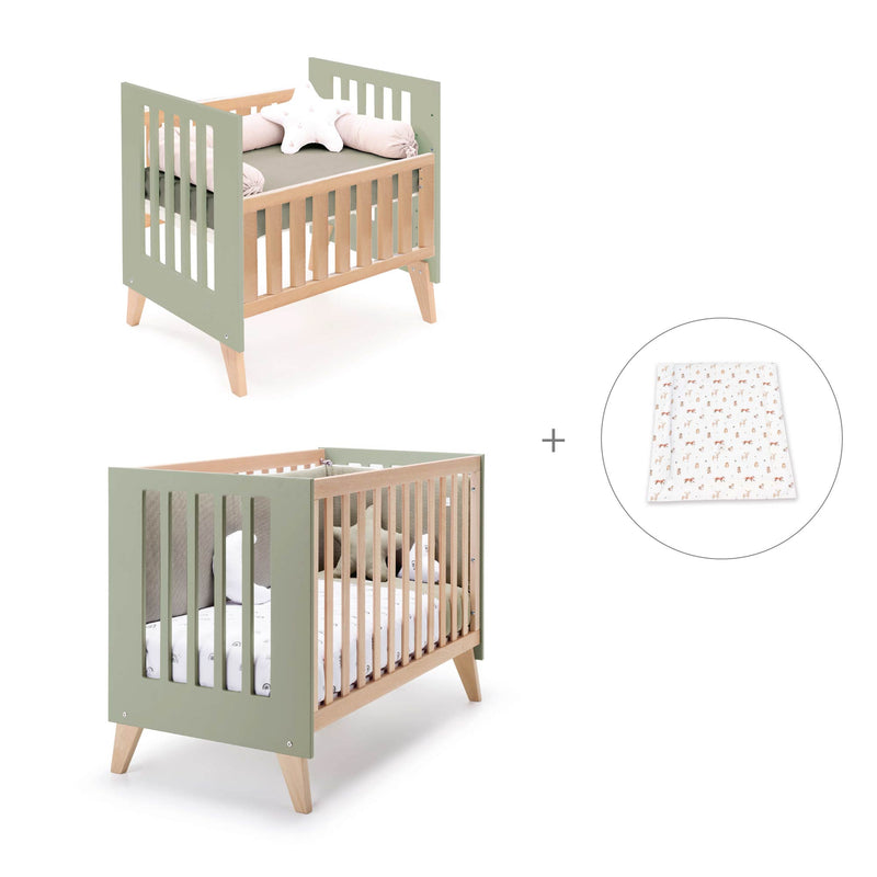 Mini berço convertível en berço (7em1) madeira/verde-oliva · Nexor Tre Erba