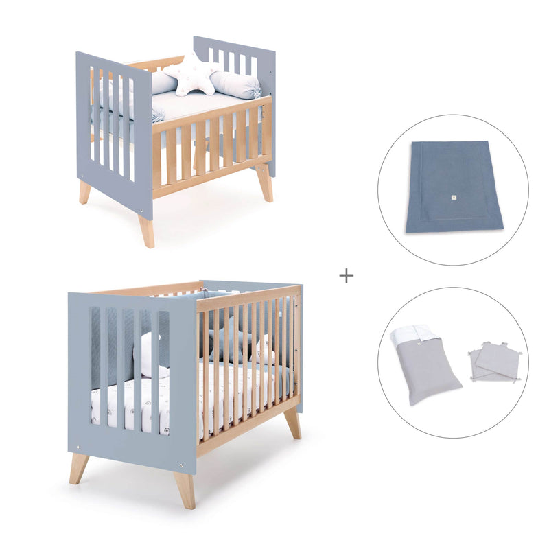 Berceau évolutif en lit bébé (7en1) bois/bleu · Nexor Tre Blu denim