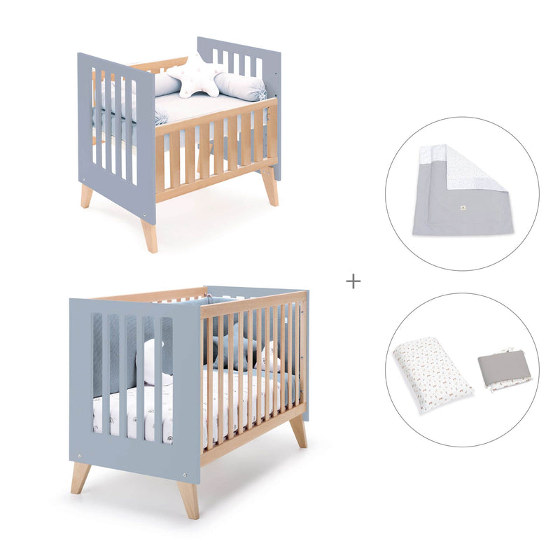 Berceau évolutif en lit bébé (7en1) bois/bleu · Nexor Tre Blu denim