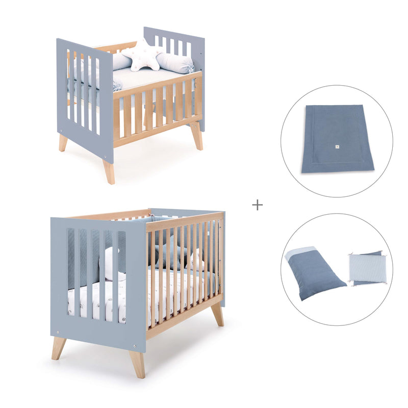 Berceau évolutif en lit bébé (7en1) bois/bleu · Nexor Tre Blu denim