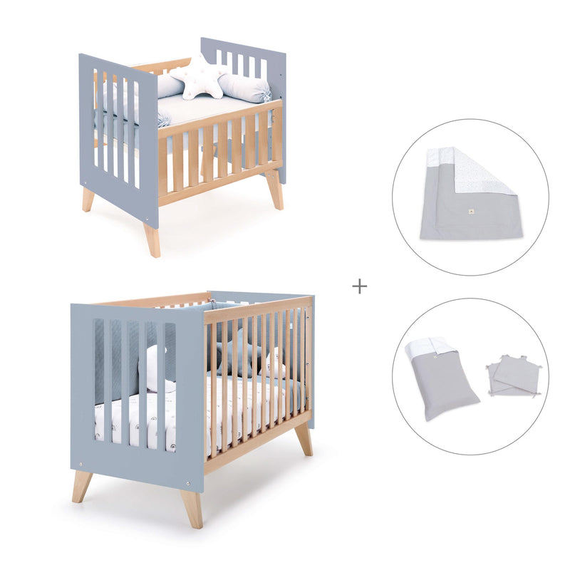 Berceau évolutif en lit bébé (7en1) bois/bleu · Nexor Tre Blu denim