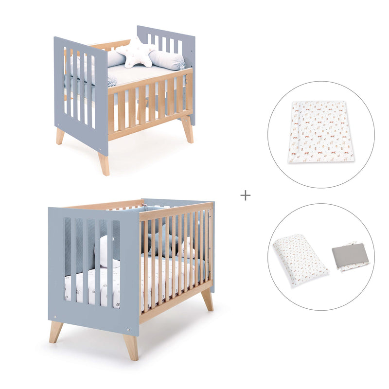 Berceau évolutif en lit bébé (7en1) bois/bleu · Nexor Tre Blu denim