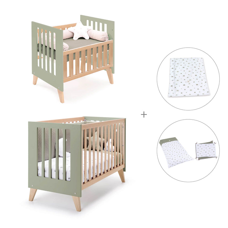 Mini berço convertível en berço (7em1) madeira/verde-oliva · Nexor Tre Erba