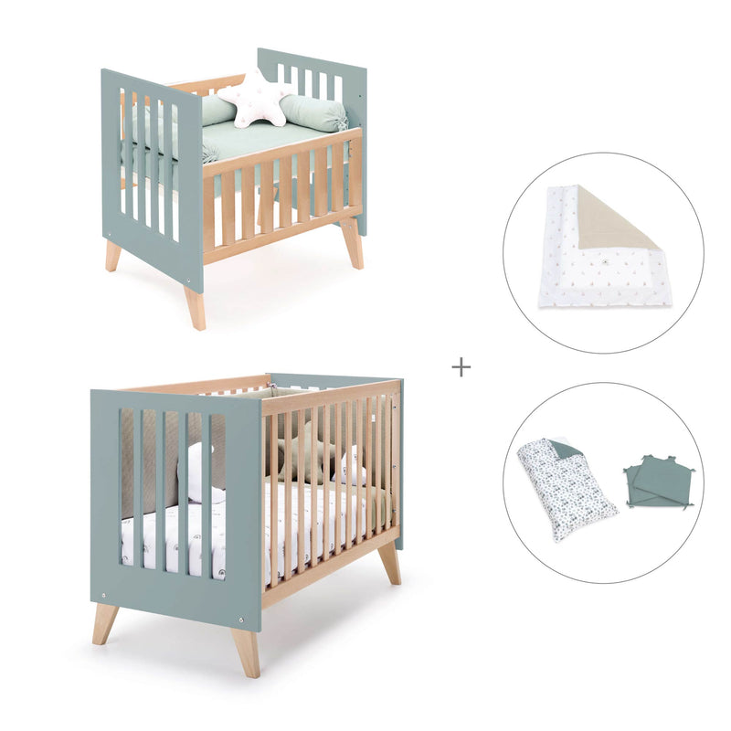 Berceau évolutif en lit bébé (7en1) bois/vert · Nexor Tre Eucalyptus