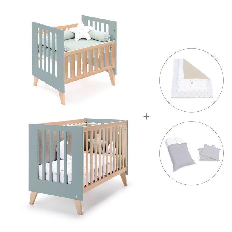 Berceau évolutif en lit bébé (7en1) bois/vert · Nexor Tre Eucalyptus