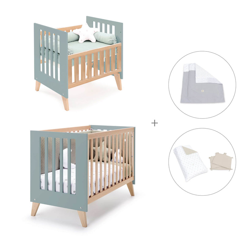 Berceau évolutif en lit bébé (7en1) bois/vert · Nexor Tre Eucalyptus