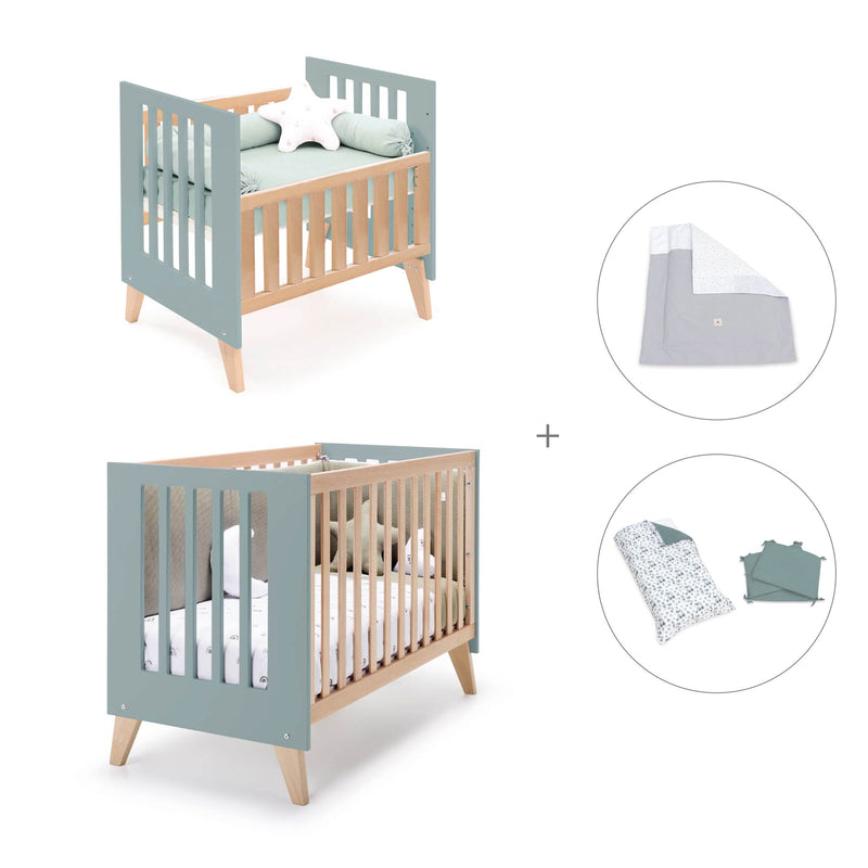 Berceau évolutif en lit bébé (7en1) bois/vert · Nexor Tre Eucalyptus