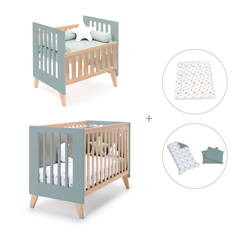 Berceau évolutif en lit bébé (7en1) bois/vert · Nexor Tre Eucalyptus