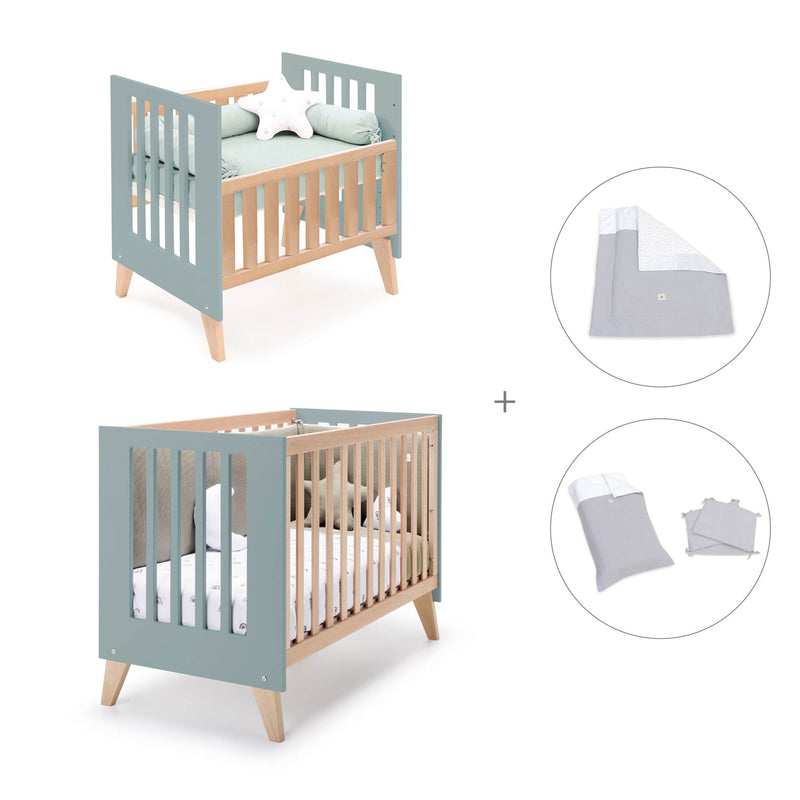 Berceau évolutif en lit bébé (7en1) bois/vert · Nexor Tre Eucalyptus