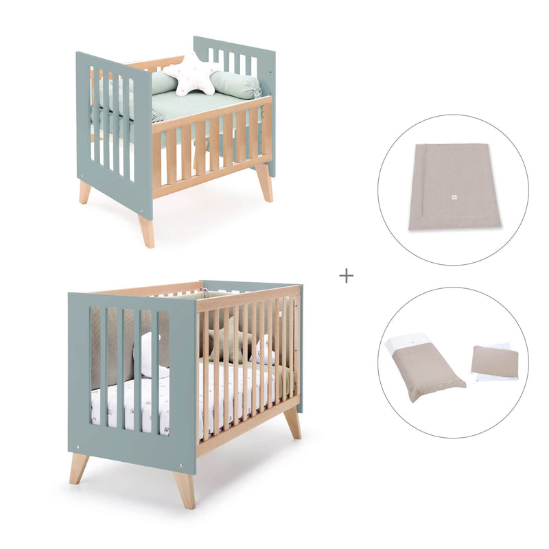 Berceau évolutif en lit bébé (7en1) bois/vert · Nexor Tre Eucalyptus