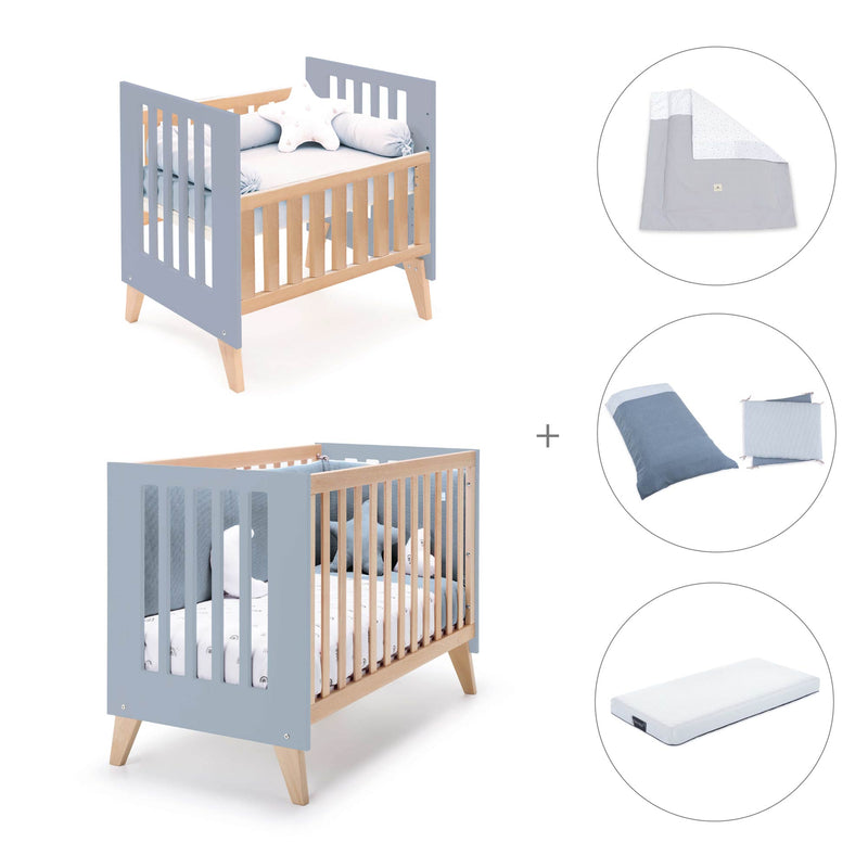 Berceau évolutif en lit bébé (7en1) bois/bleu · Nexor Tre Blu denim