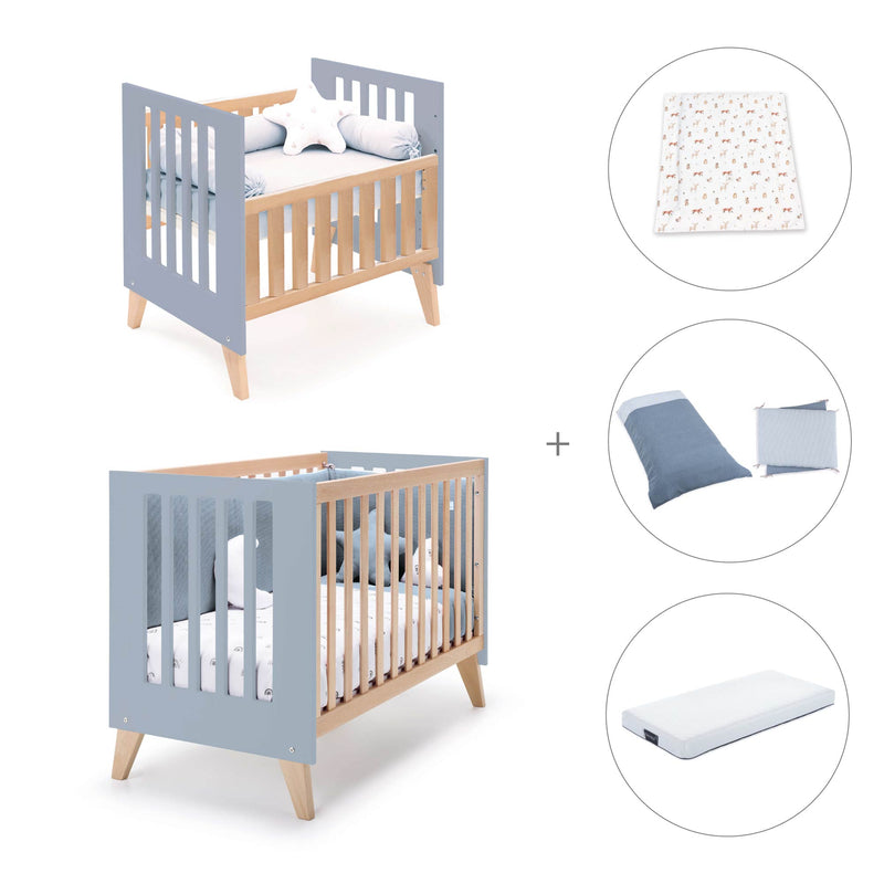 Berceau évolutif en lit bébé (7en1) bois/bleu · Nexor Tre Blu denim