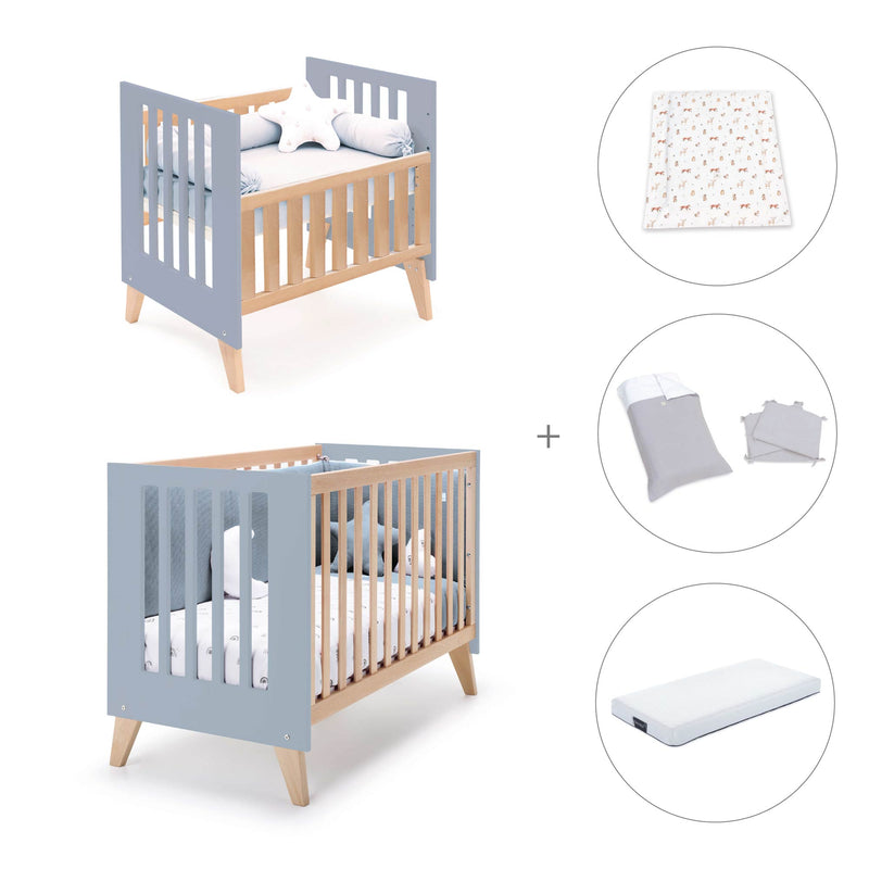Berceau évolutif en lit bébé (7en1) bois/bleu · Nexor Tre Blu denim