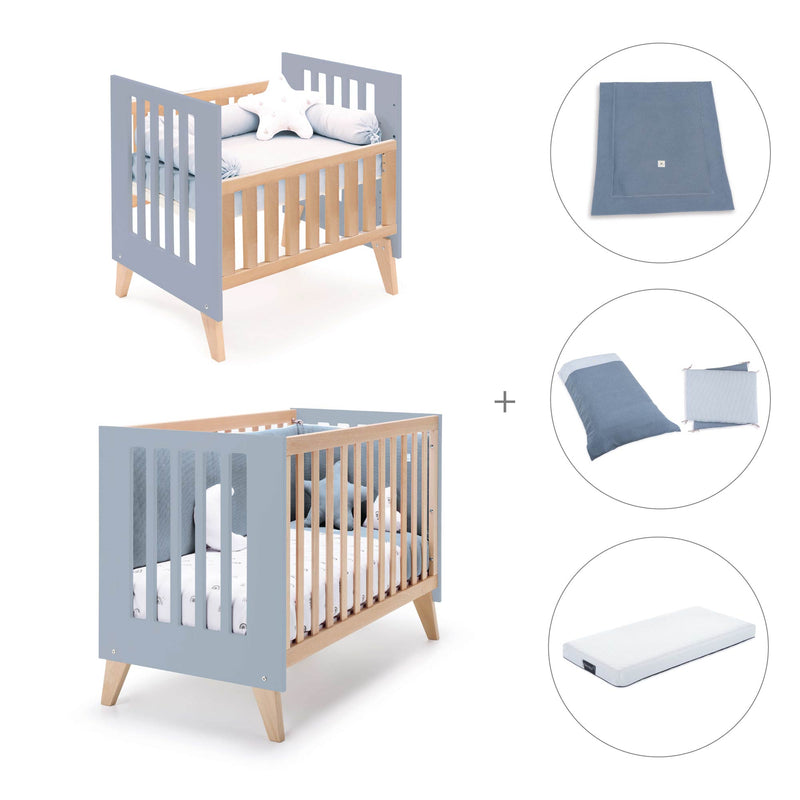 Berceau évolutif en lit bébé (7en1) bois/bleu · Nexor Tre Blu denim