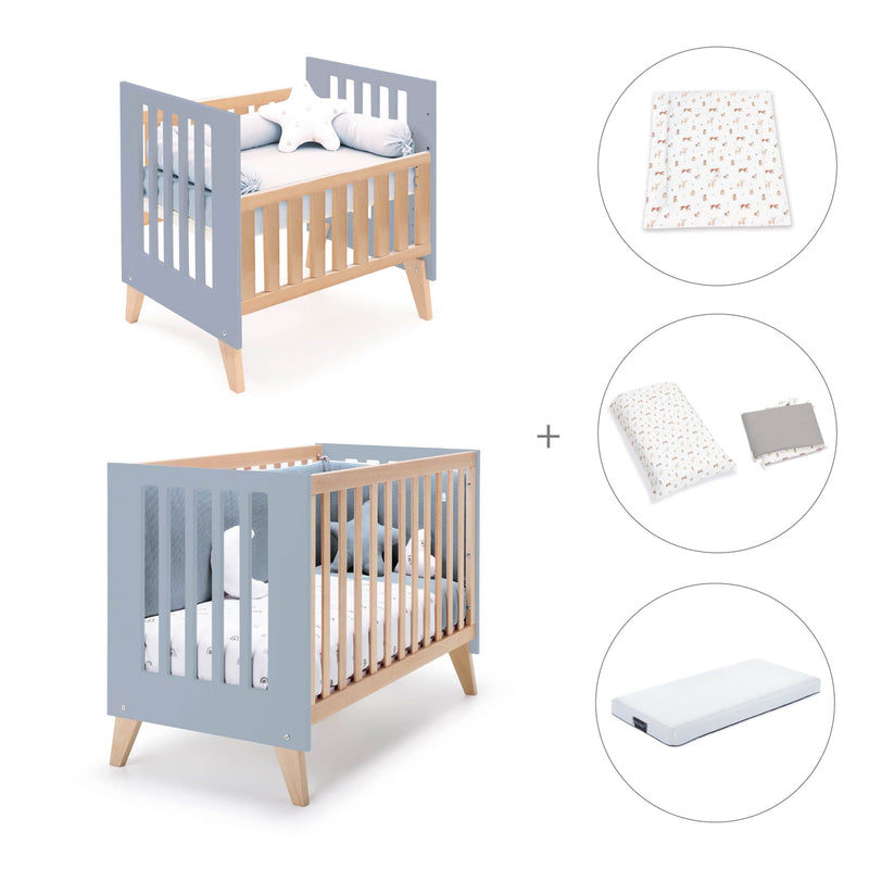 Berceau évolutif en lit bébé (7en1) bois/bleu · Nexor Tre Blu denim