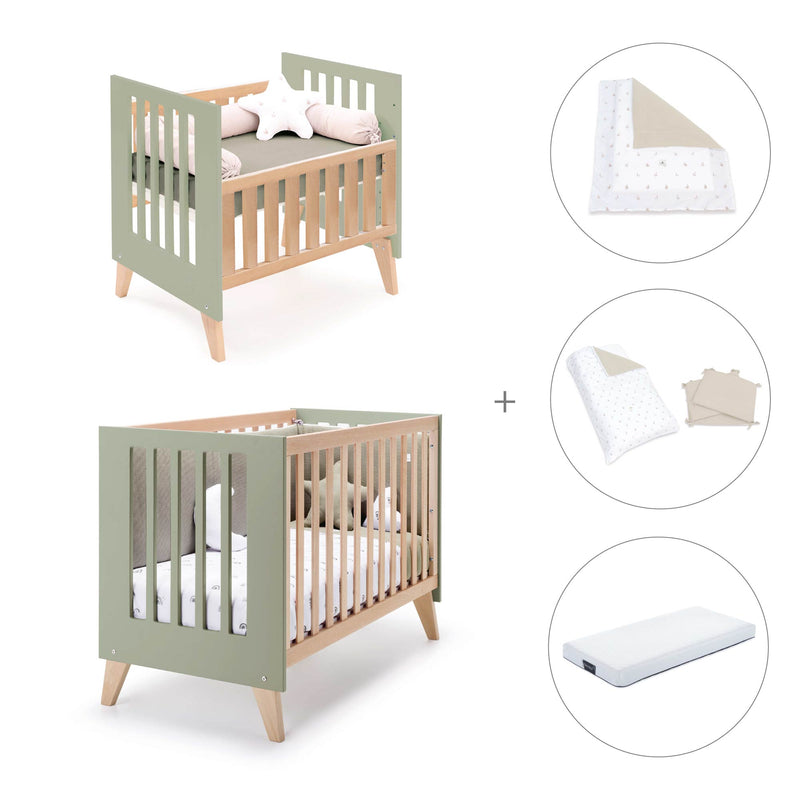 Mini berço convertível en berço (7em1) madeira/verde-oliva · Nexor Tre Erba