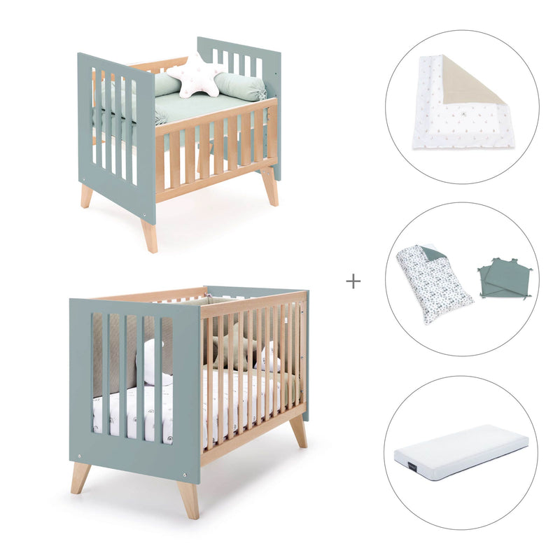 Berceau évolutif en lit bébé (7en1) bois/vert · Nexor Tre Eucalyptus